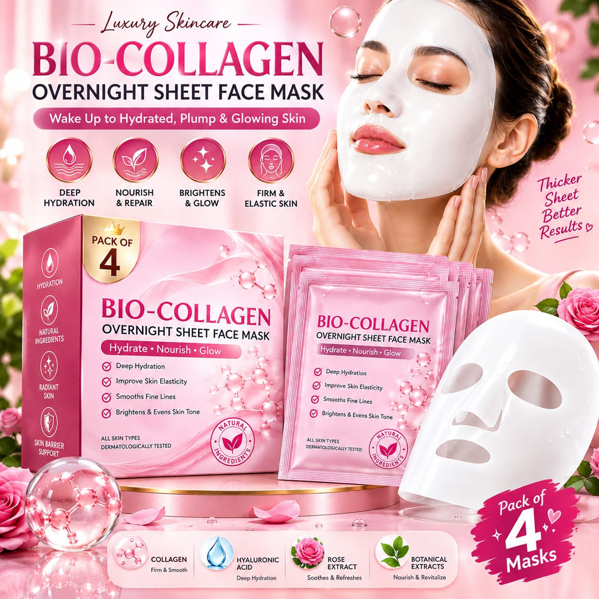 Bio-Collagen Real Deep Mask (Pack of 4) – Overnight Hydrogel Sheet Mask for Korean Glass Skin Glow, Pore Tightening & Deep Hydration